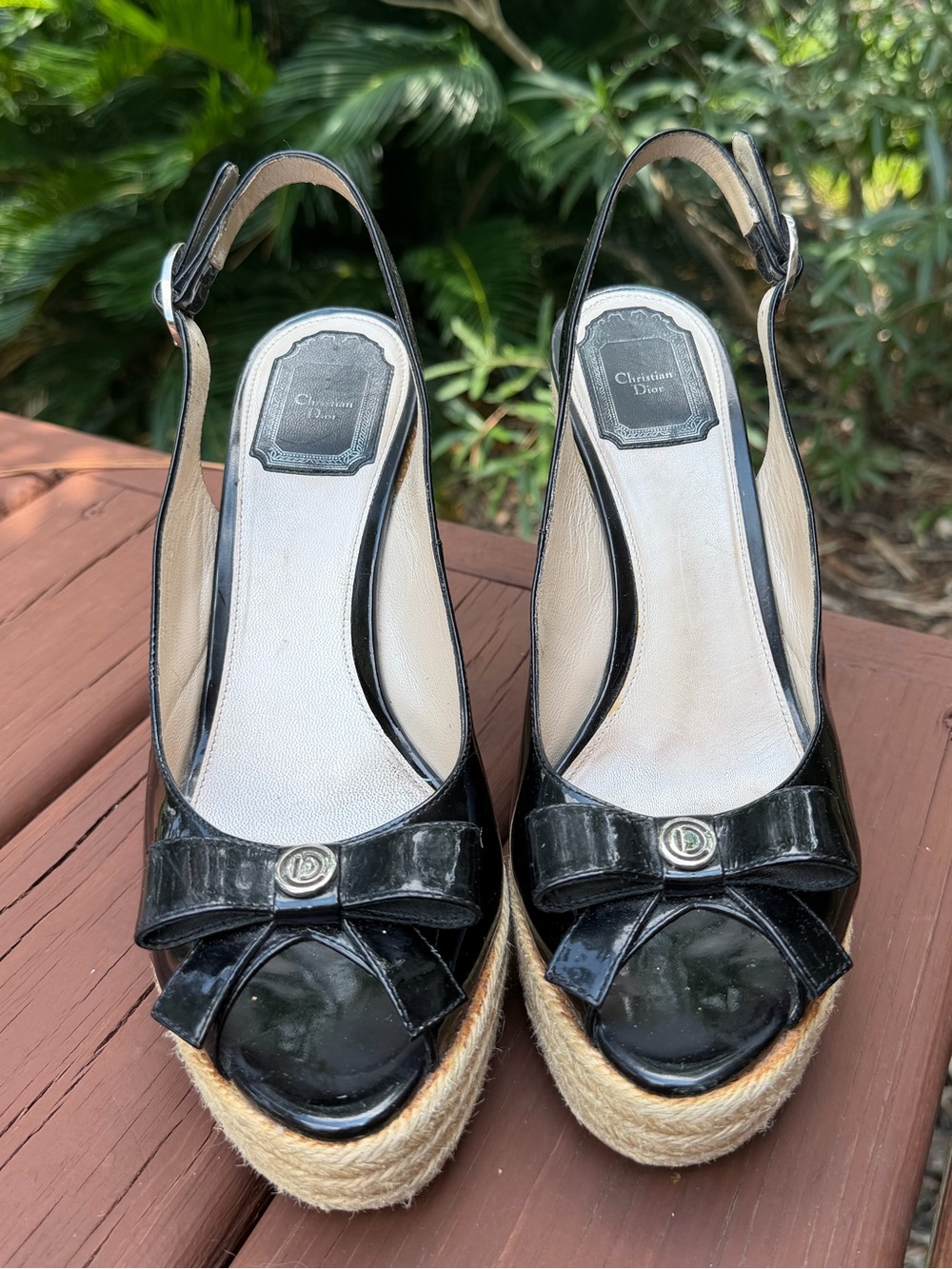 2010 Christian Dior Black Patent Bow Espadrille Wedges 8.5 $795 - Picture 2 of 9